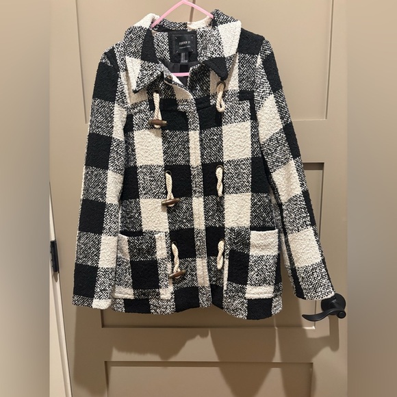 Forever 21 Black and Cream Plaid Pea Coat - Picture 2 of 5